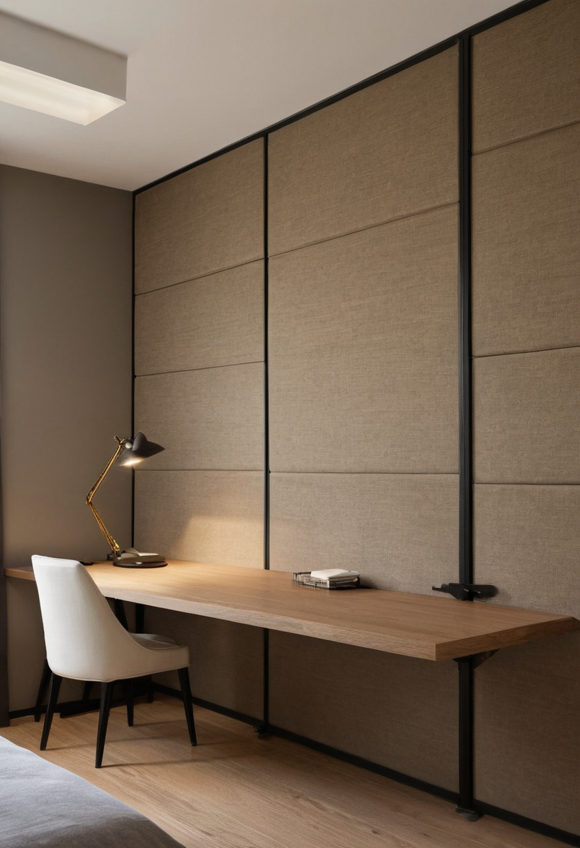 Which folding panel room divider specifications matter beside a bedroom desk shown in a luxury residential interior