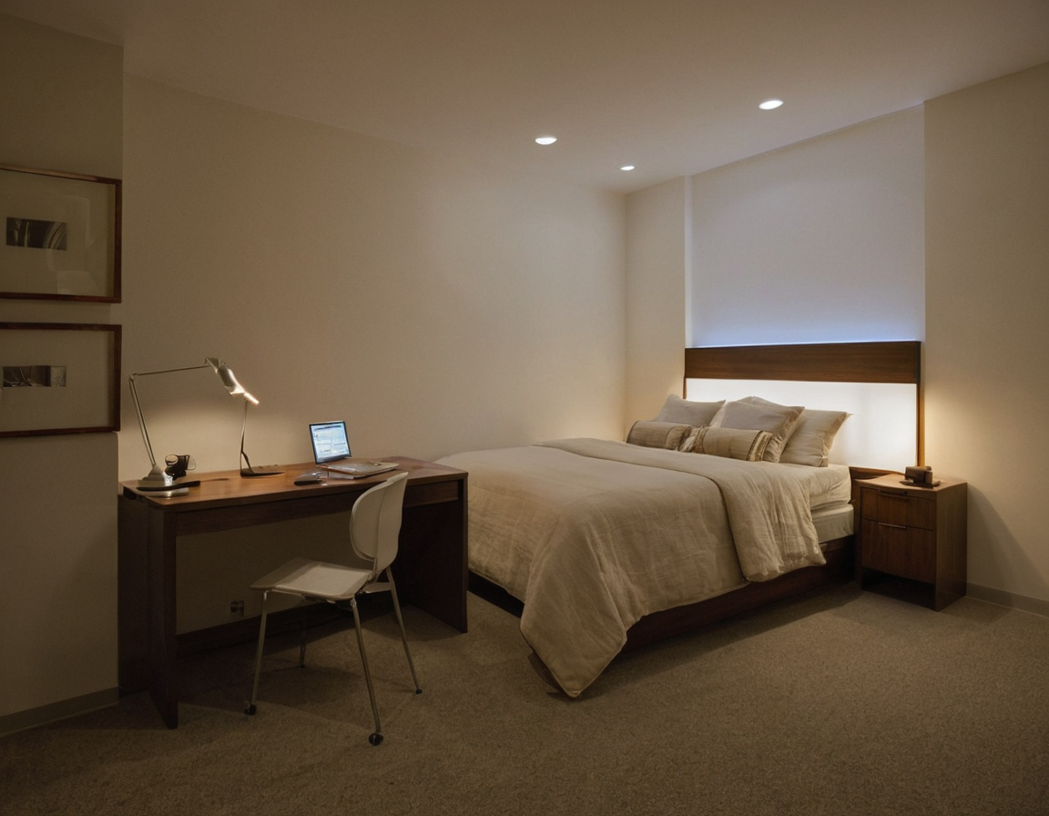 A bedroom divider must not obstruct egress or rely on an unstable flat-panel position shown in a luxury residential interior